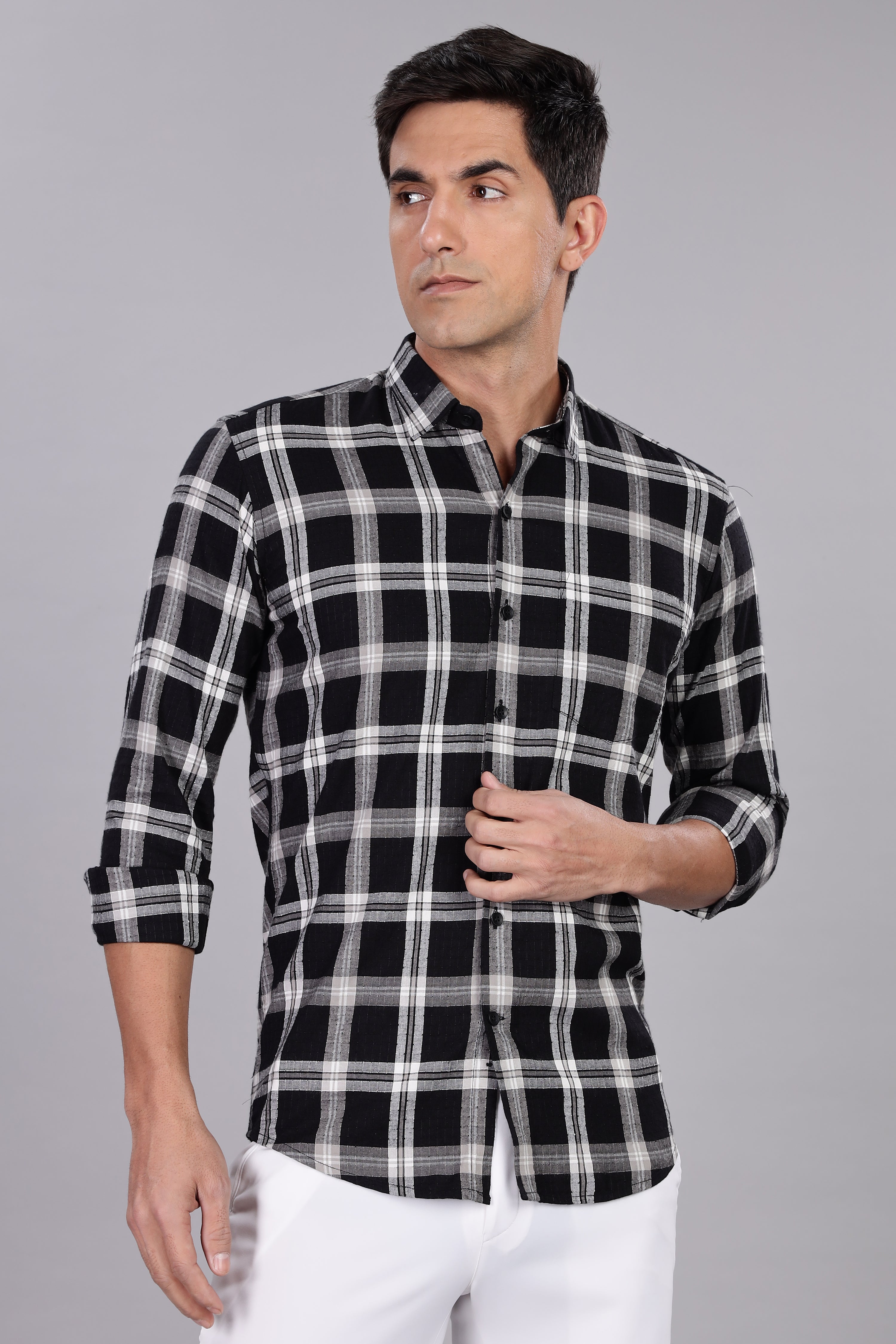 Straight Fit Checkered Black Shirt - Full Sleeve