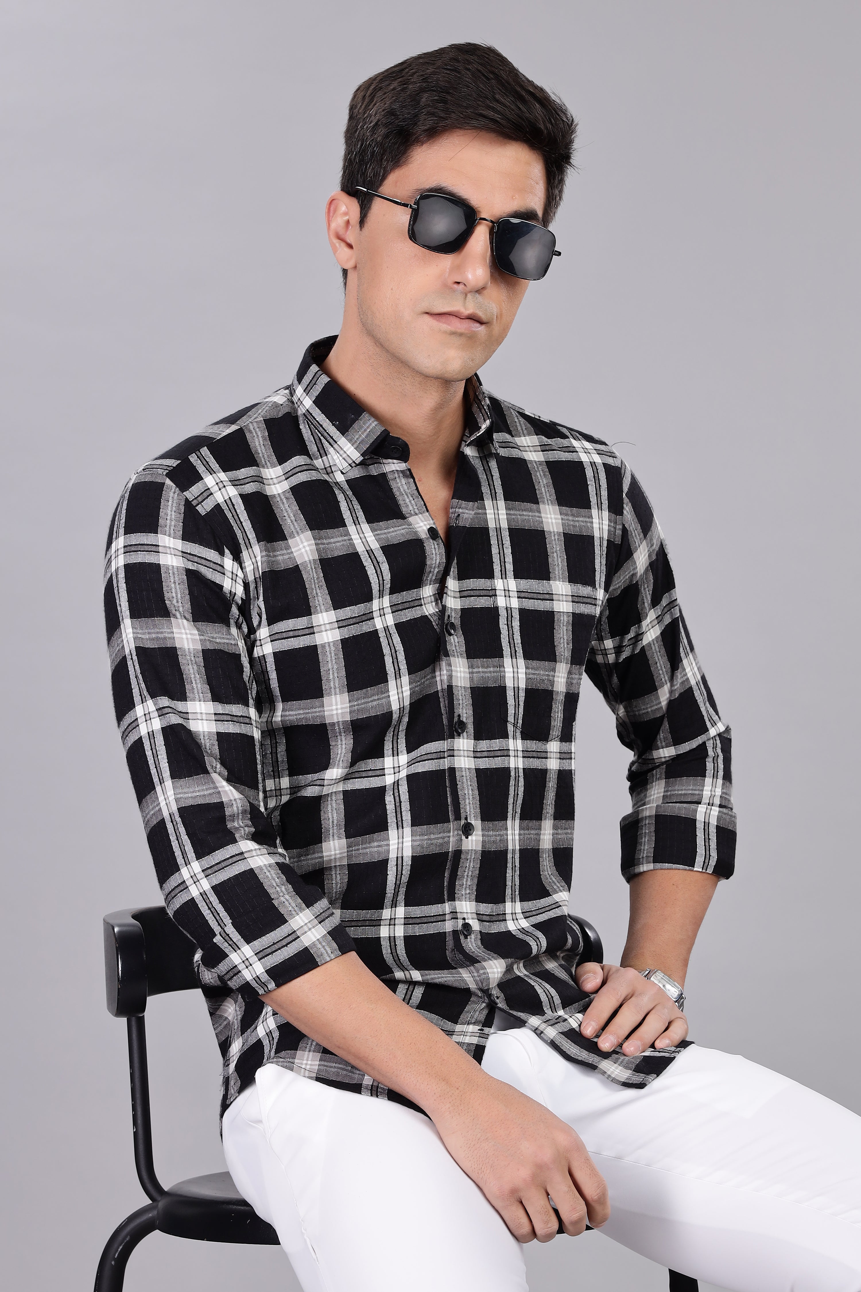 Straight Fit Checkered Black Shirt - Full Sleeve