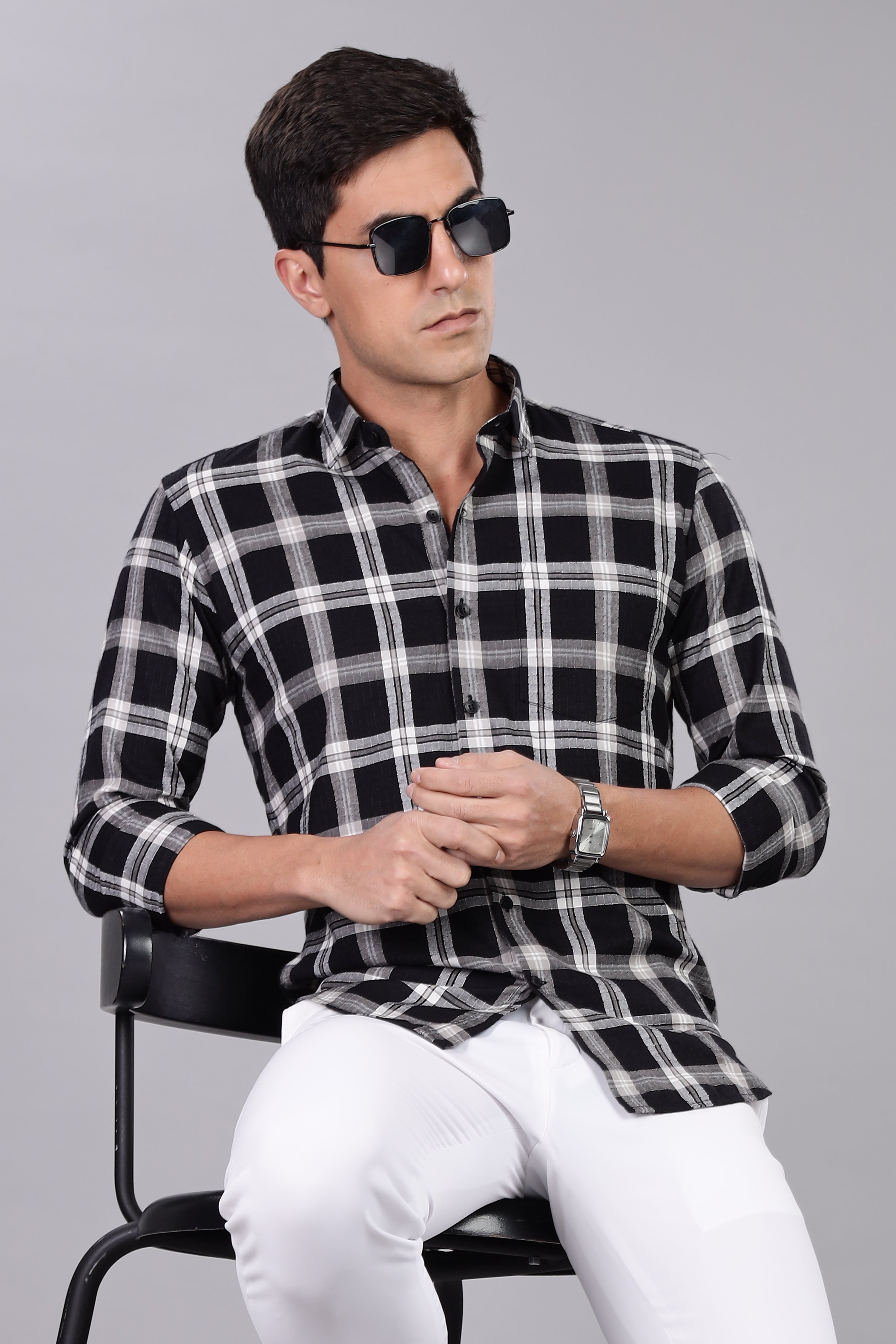Straight Fit Checkered Black Shirt - Full Sleeve