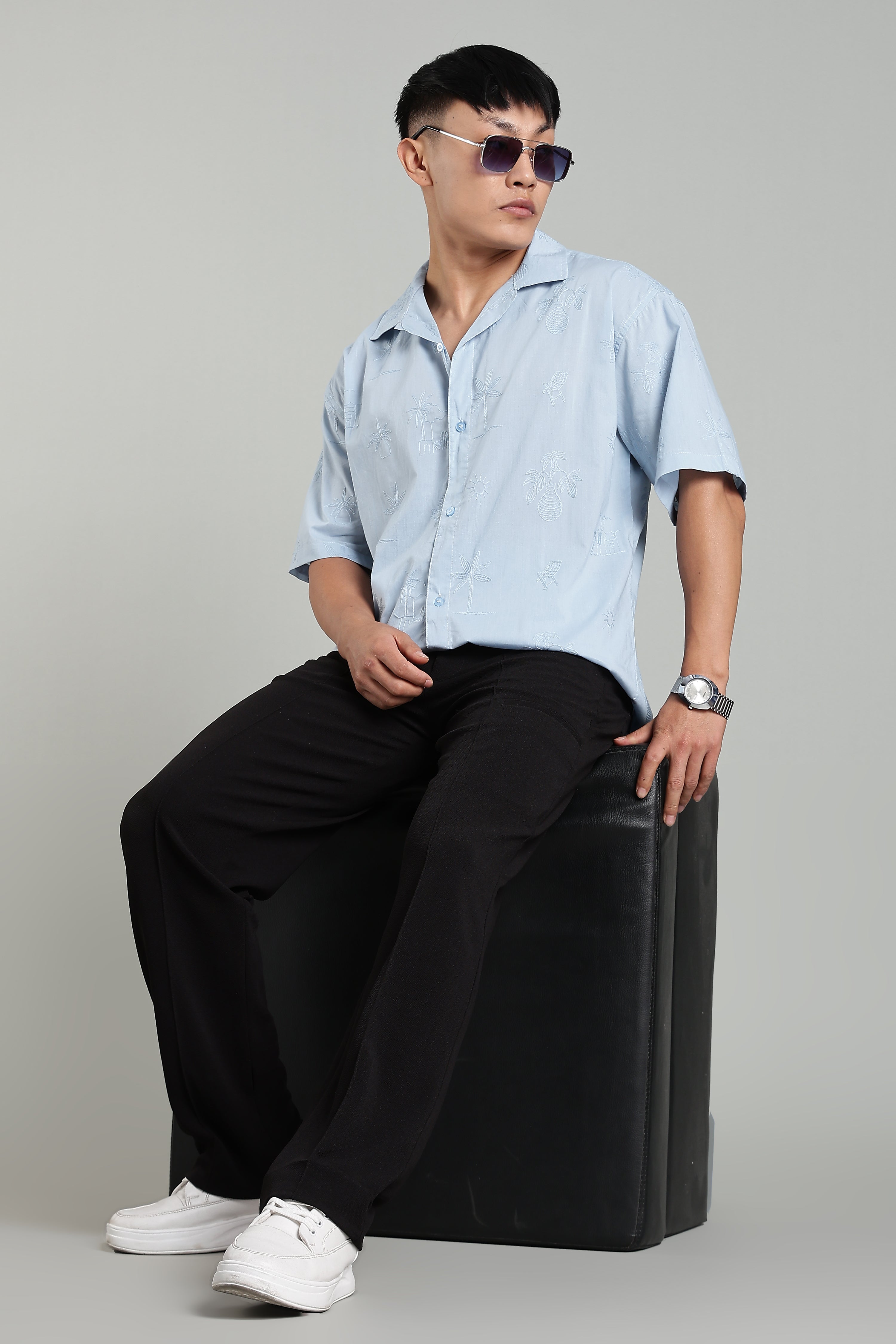 CAPDAZZ PURE COTTON EMBO SKY BLUE SHIRT