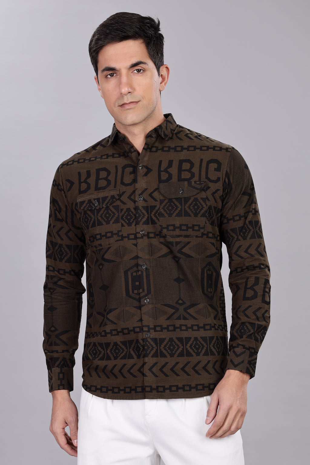 Dark Green Corduroy Slim Fit Shirt with Alphabetic Design
