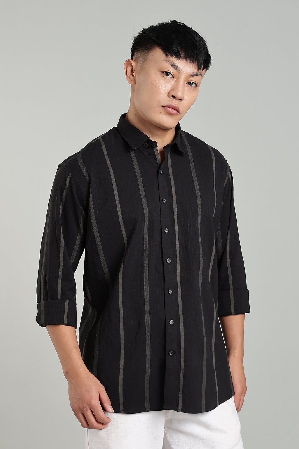 Men's Straight Fit Striped Black Shirt